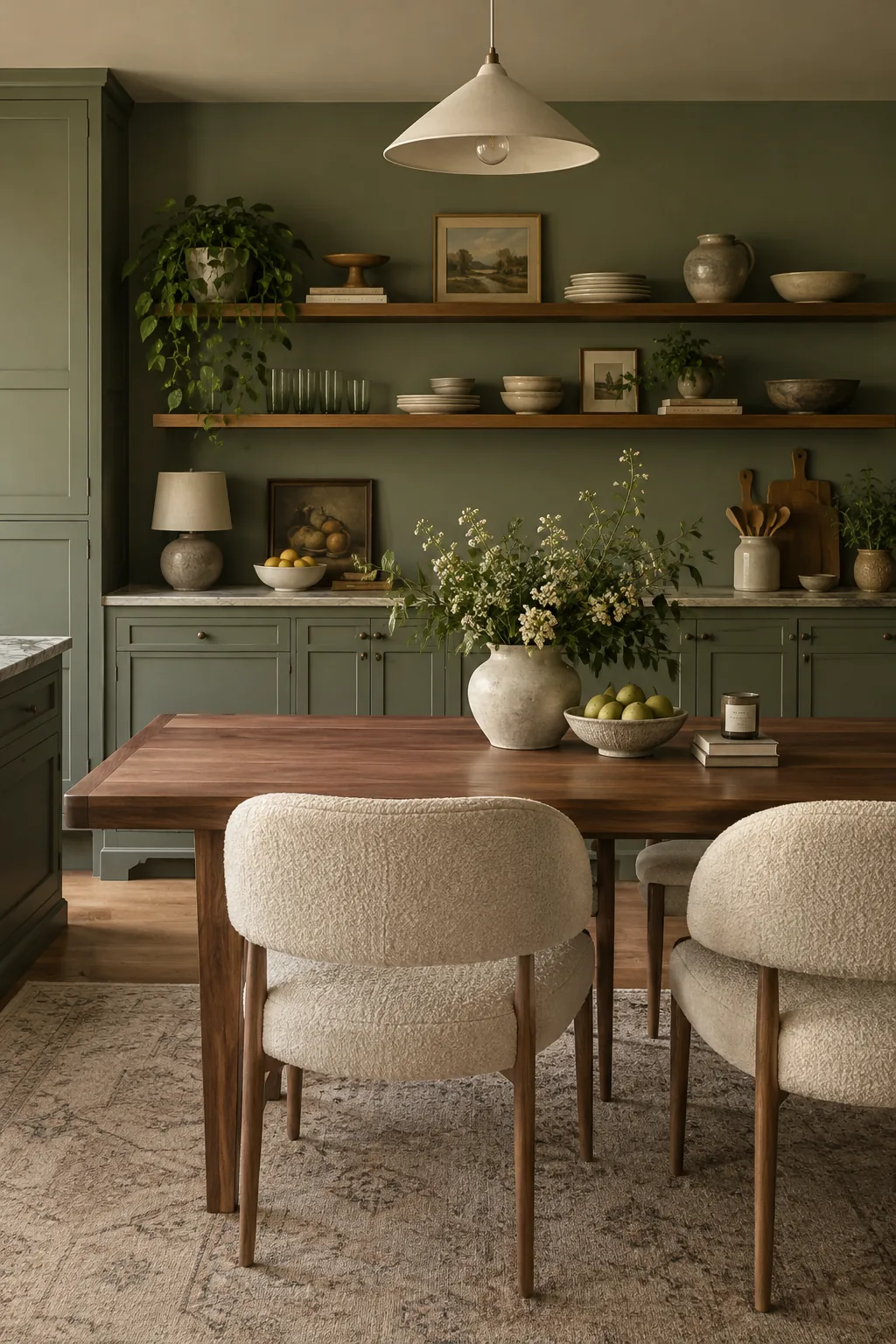 Kitchen cabinets and adjacent dining room walls painted in matching moody green