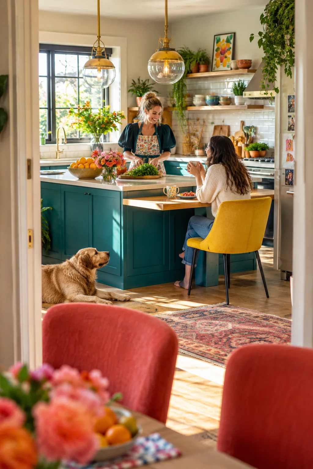Kitchen island with a dropped wooden extension serving as a dining table with standard chairs