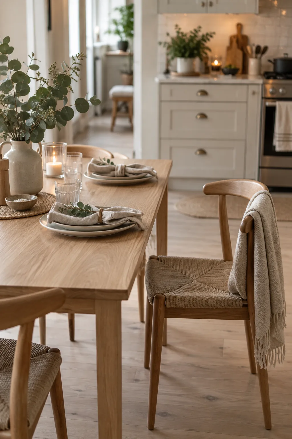Top-down view showing a clear walkway between a kitchen island and a narrow dining table