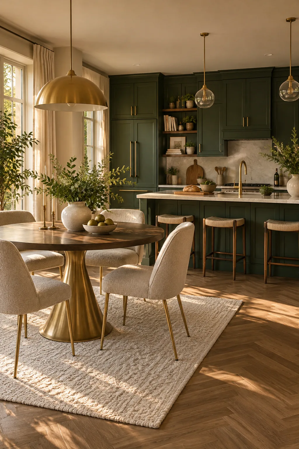 Kitchen with brass hardware and a dining area featuring chairs with brass legs