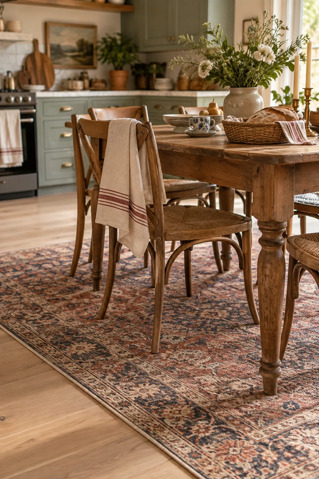 Faded vintage rug placed under a dining table in an open concept kitchen