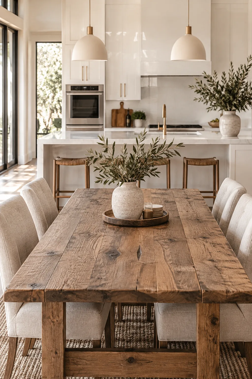 Glossy white kitchen island paired with a rustic reclaimed wood dining table
