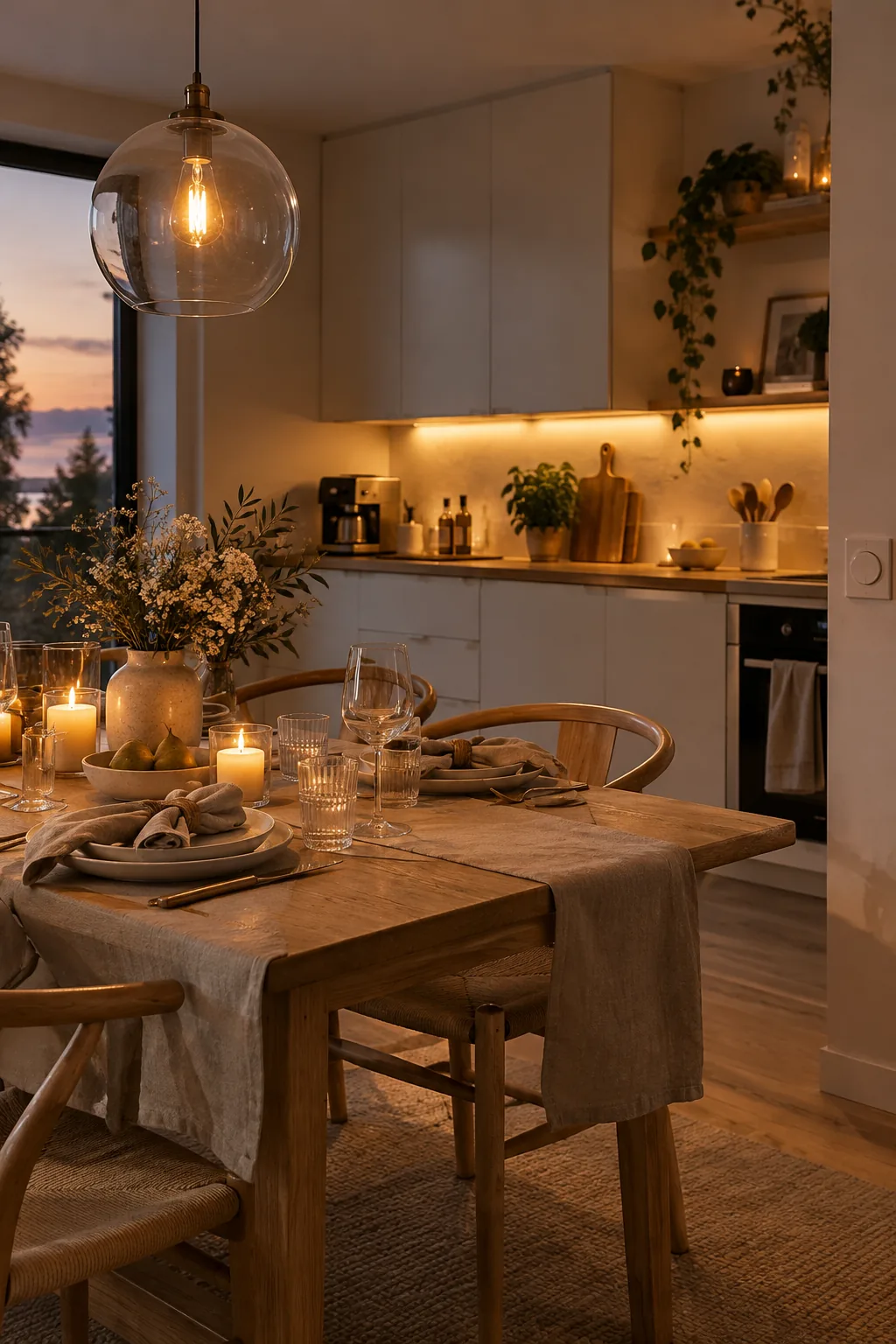 Softly lit dining room table next to a darkened kitchen with low under-cabinet lighting