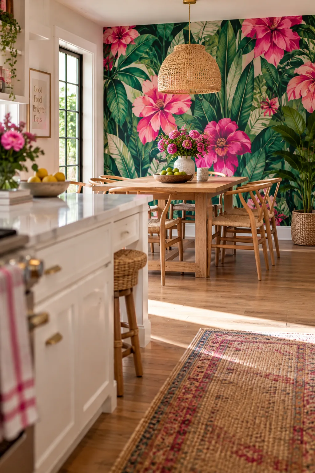 Dining area featuring a dark floral wallpaper wall, viewed from a neutral white kitchen