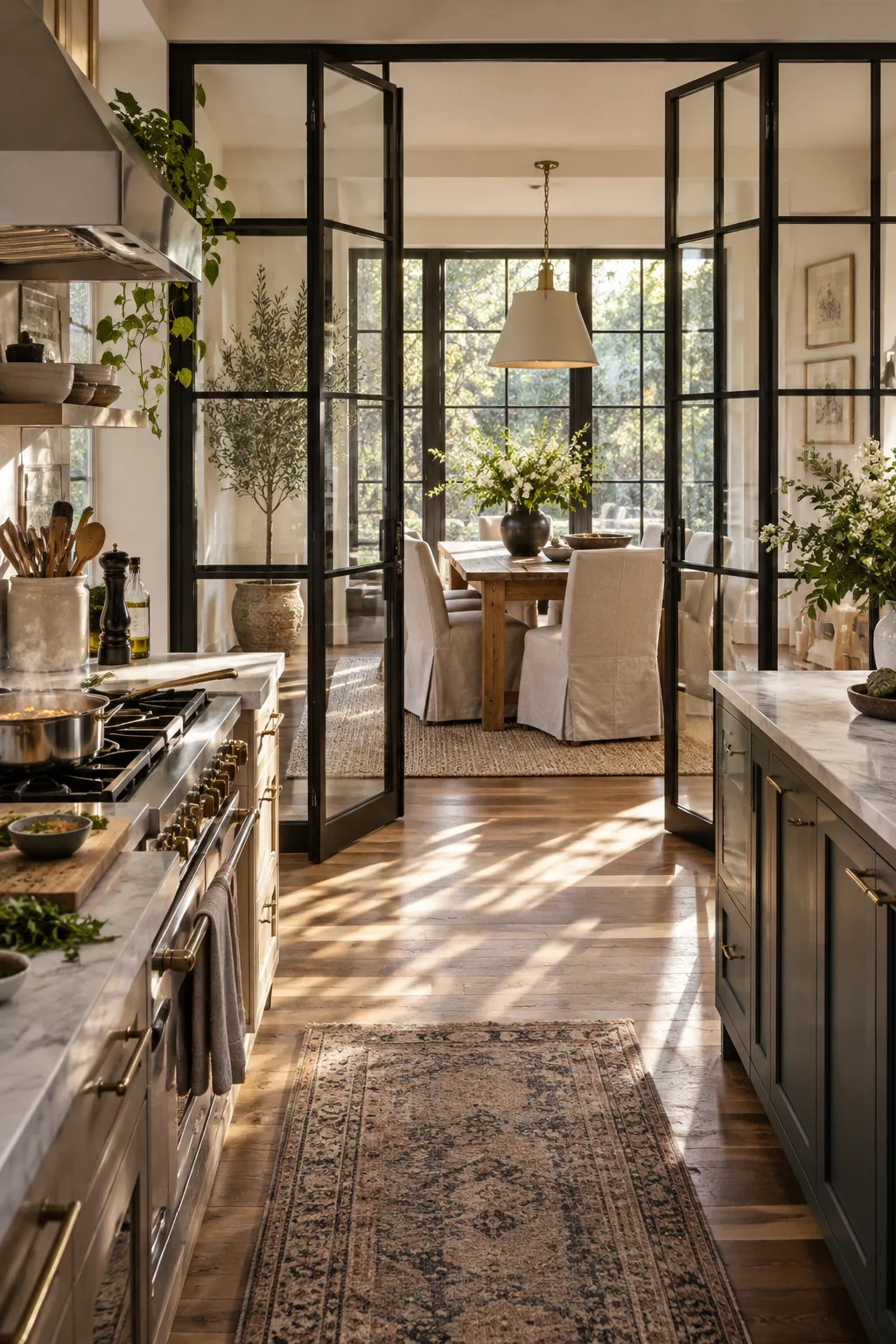 Black steel framed glass doors separating a modern kitchen from a dining room