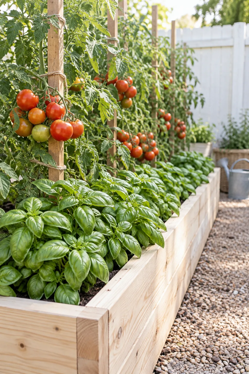 Tomato plants growing tall in a raised bed with bushy basil plants underneath