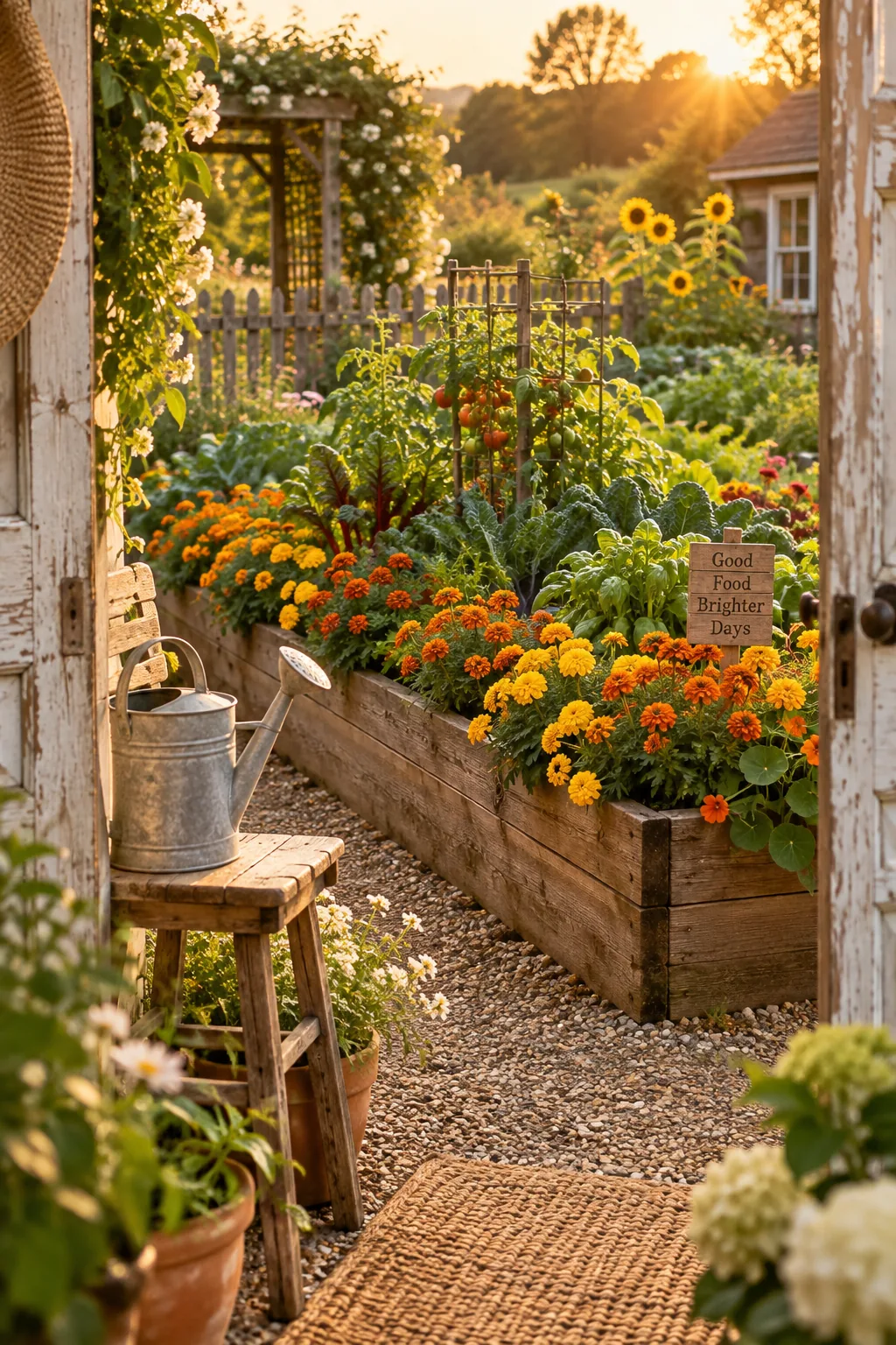 A 4x8 raised garden bed surrounded by a thick border of blooming orange marigolds