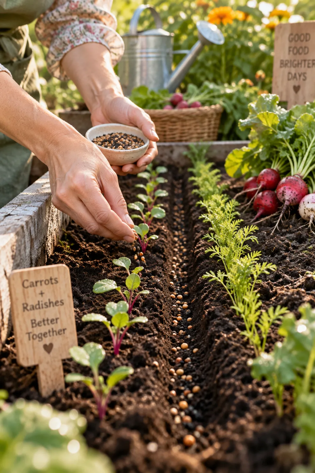 Rows of freshly sprouted carrots mixed with larger radish leaves