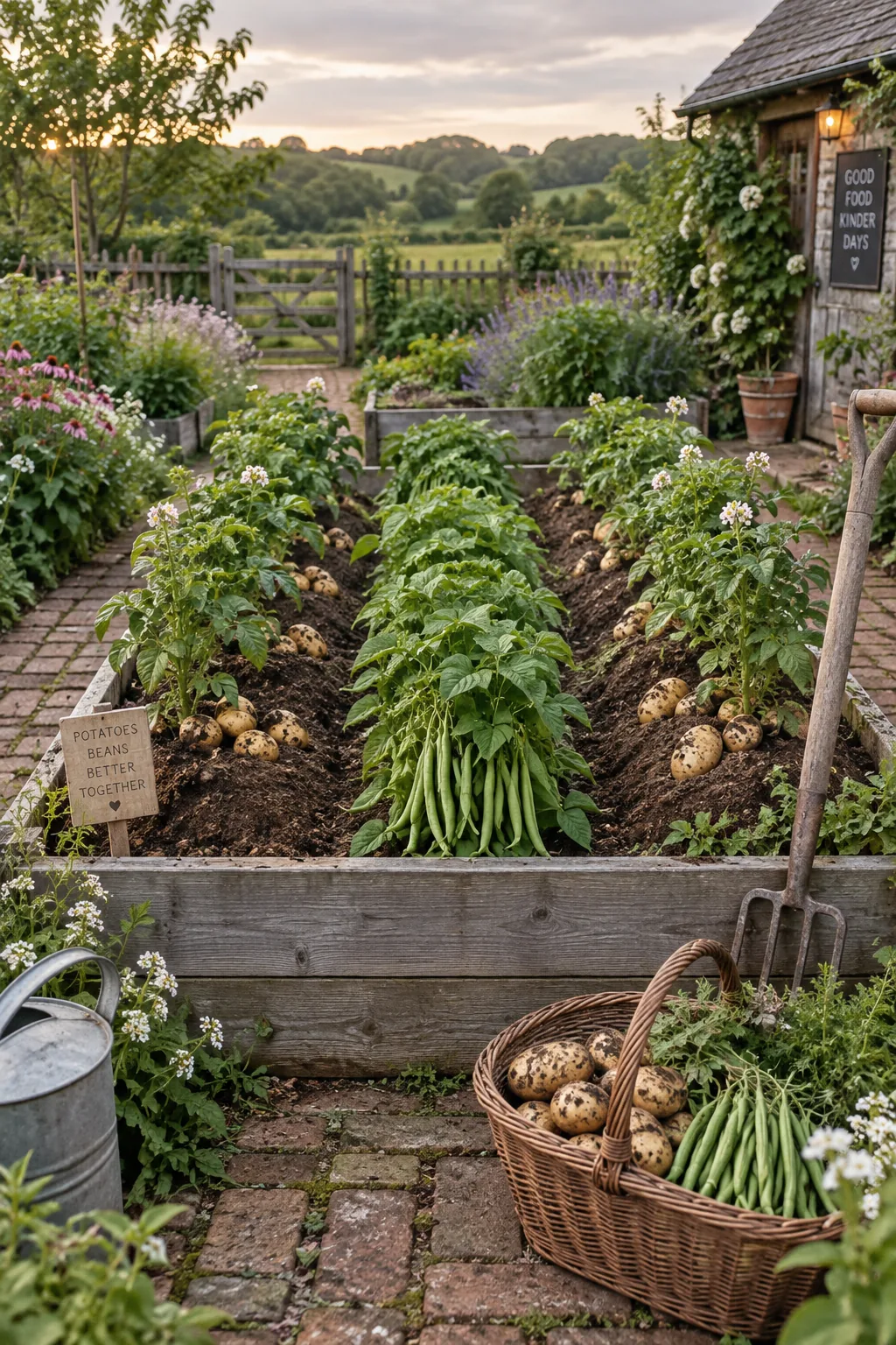 Potato plants growing on the outer edges of a raised bed with bush beans in the center