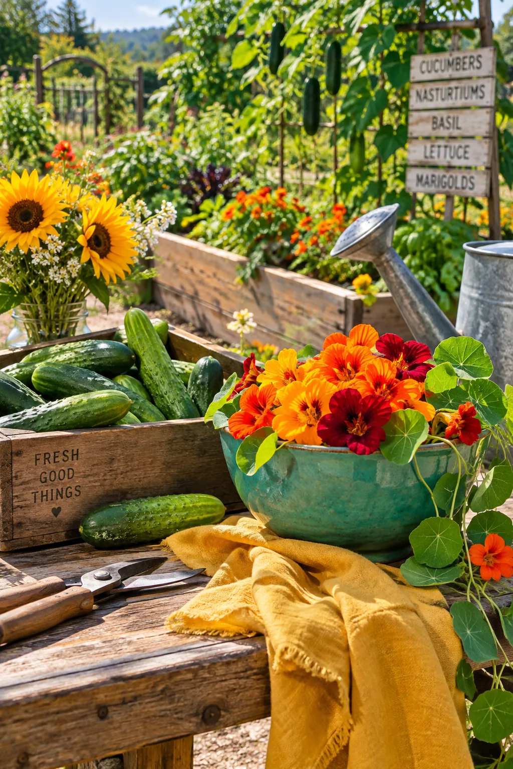 Cucumbers climbing a trellis with bright orange nasturtium flowers cascading below