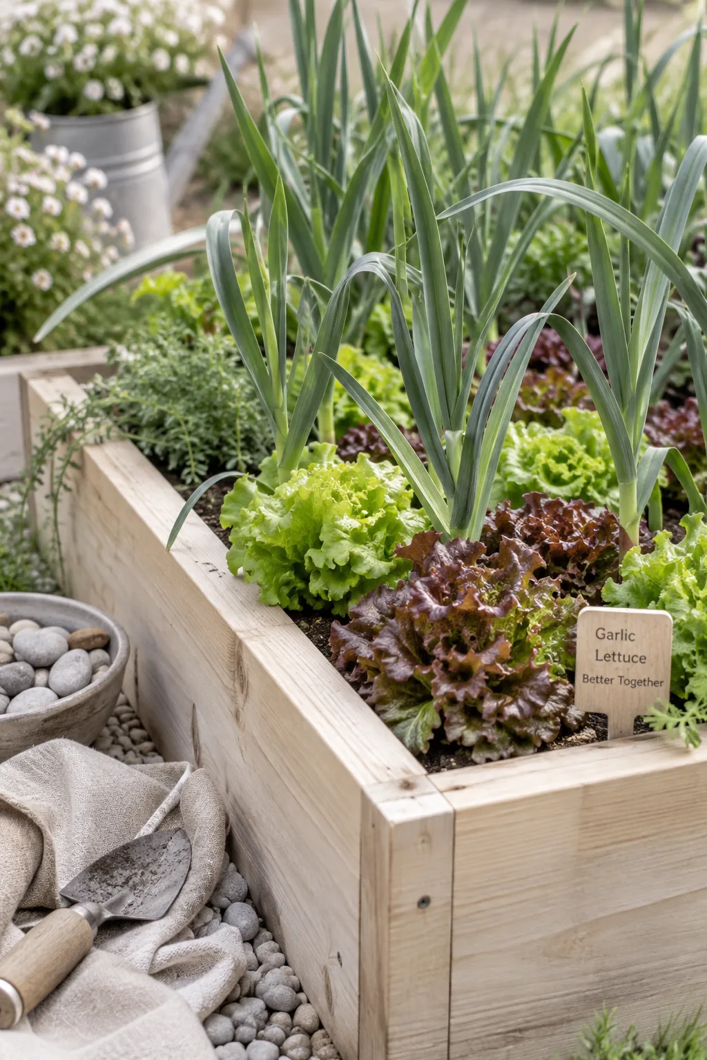 Heads of green lettuce growing tightly between tall garlic stalks