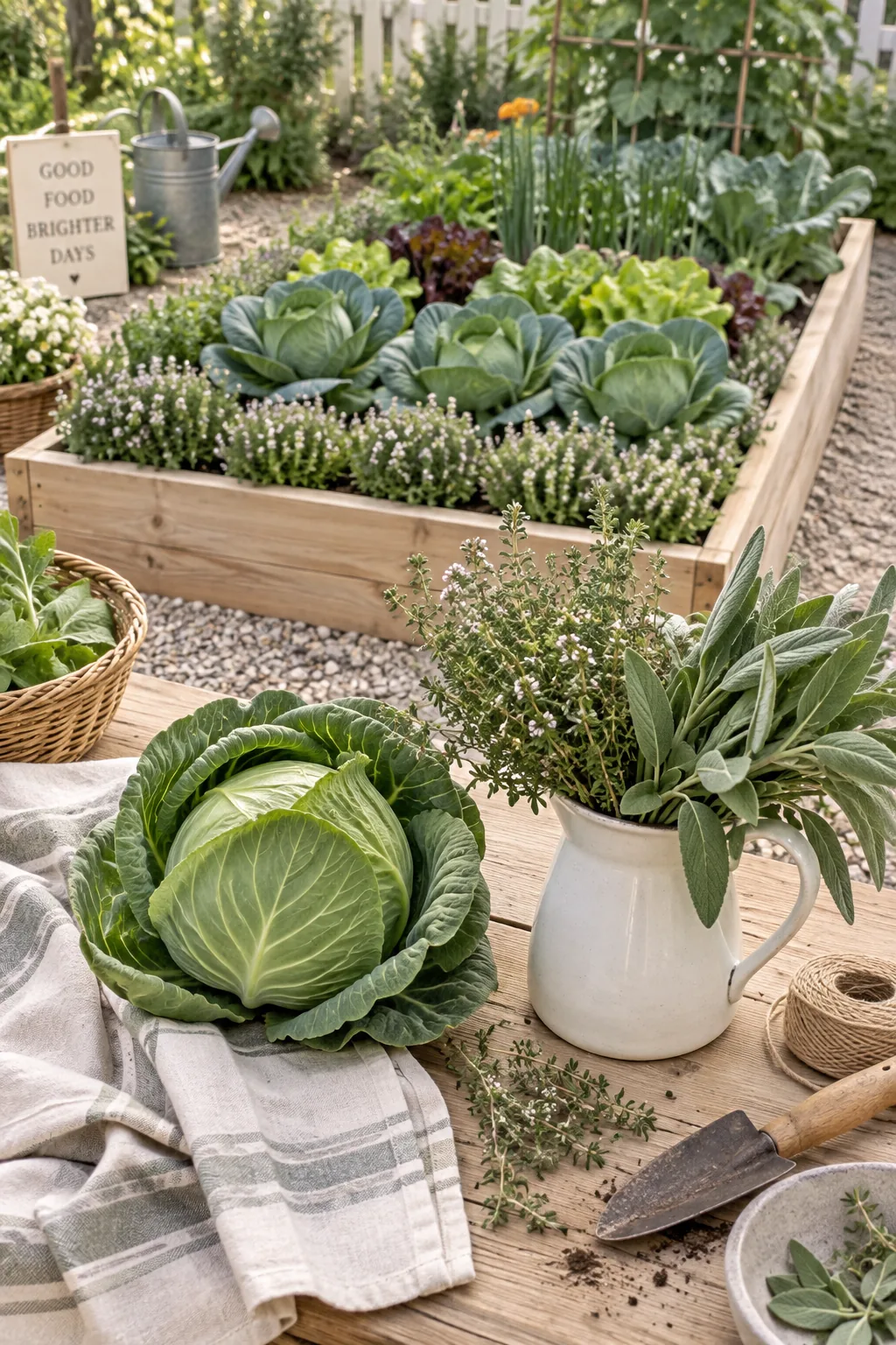 Large cabbage heads surrounded by low creeping thyme and sage plants