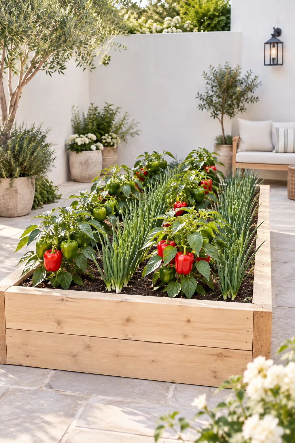 Neat alternating rows of bushy bell pepper plants and tall green scallions