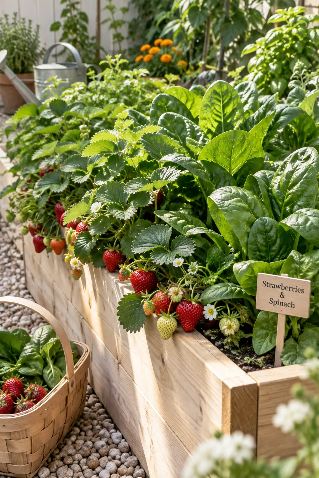 Strawberry plants with red berries growing next to large green spinach leaves