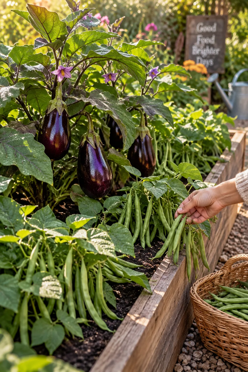 Purple eggplants growing inside a thick protective border of green bush beans