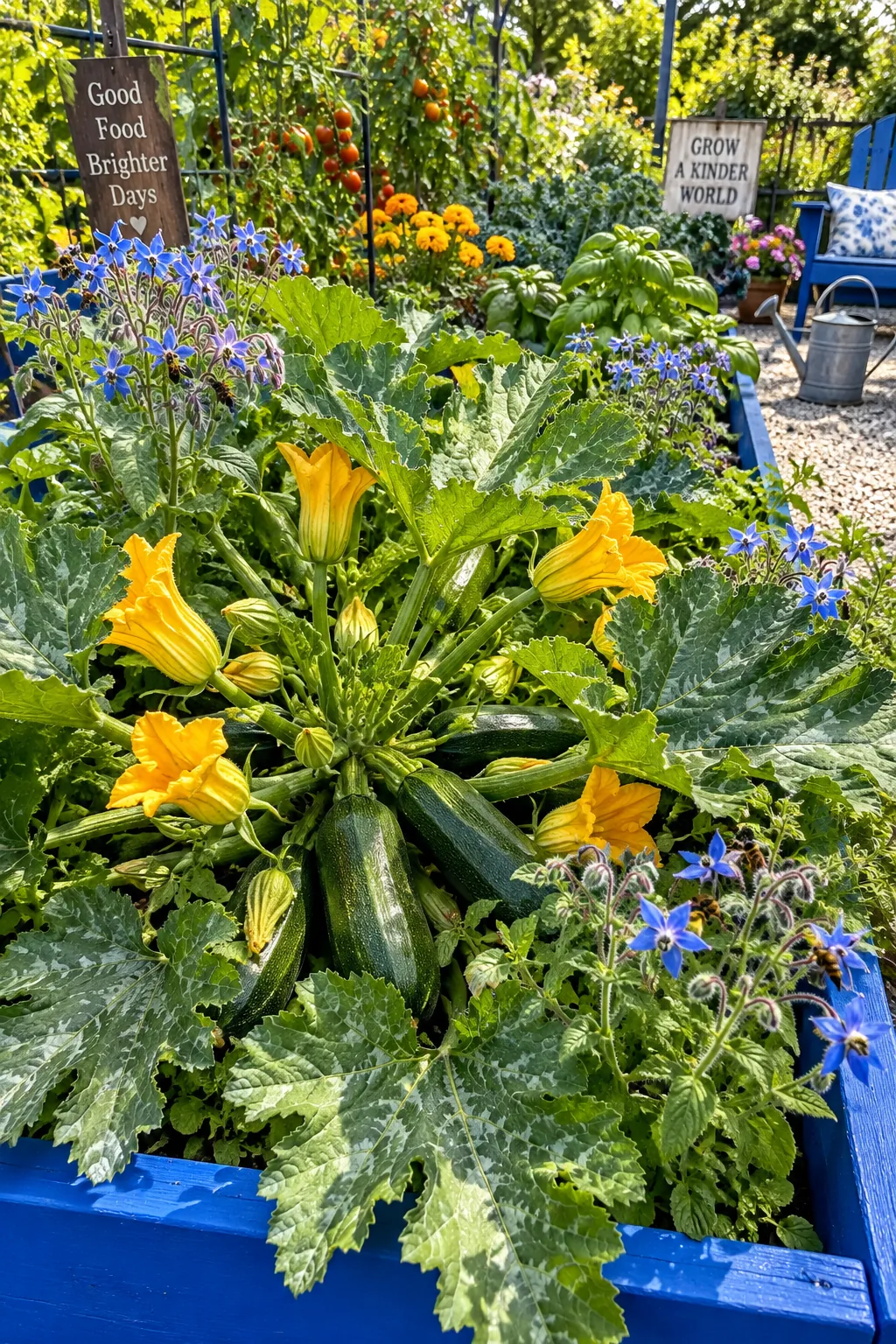 A large zucchini plant with yellow blossoms next to blue borage flowers