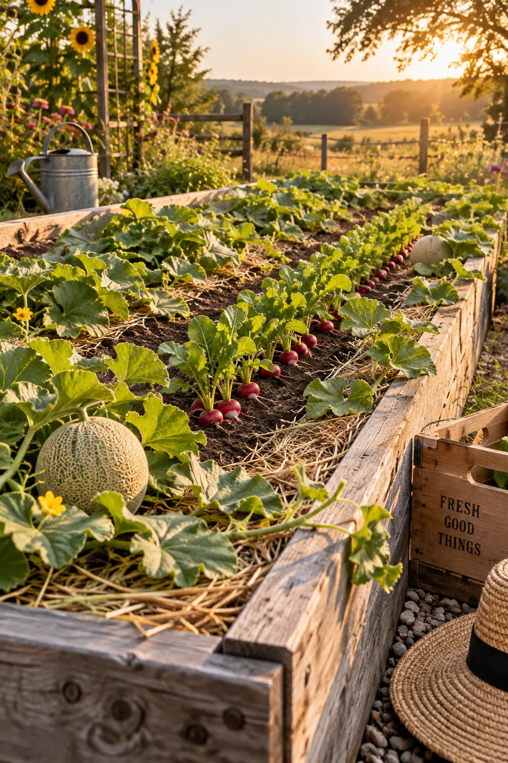 Small melon vines starting to grow next to mature red radishes ready for harvest
