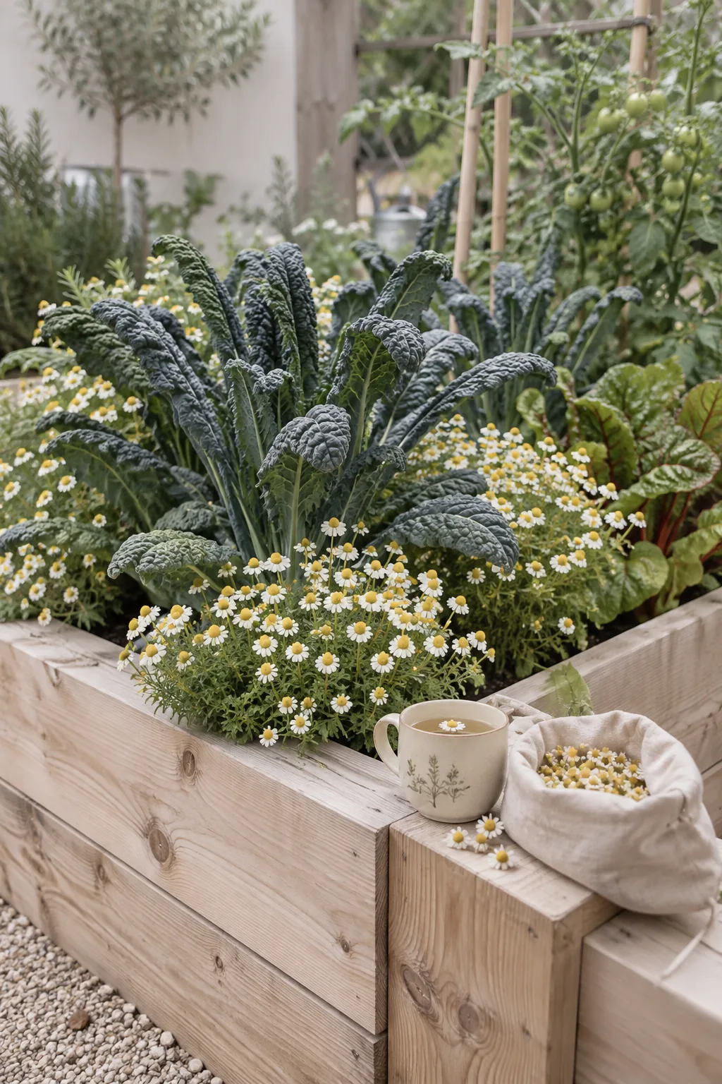 Tall dark green dinosaur kale surrounded by delicate white chamomile flowers
