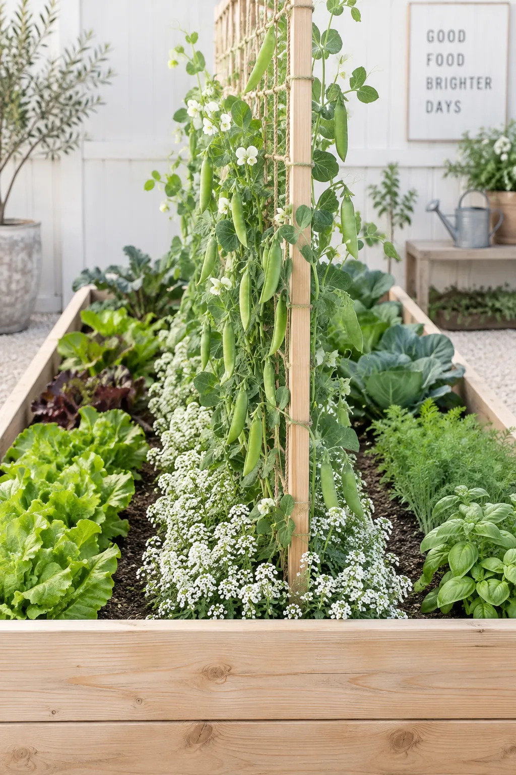 Peas climbing a wire trellis with a thick mat of white alyssum flowers at the base
