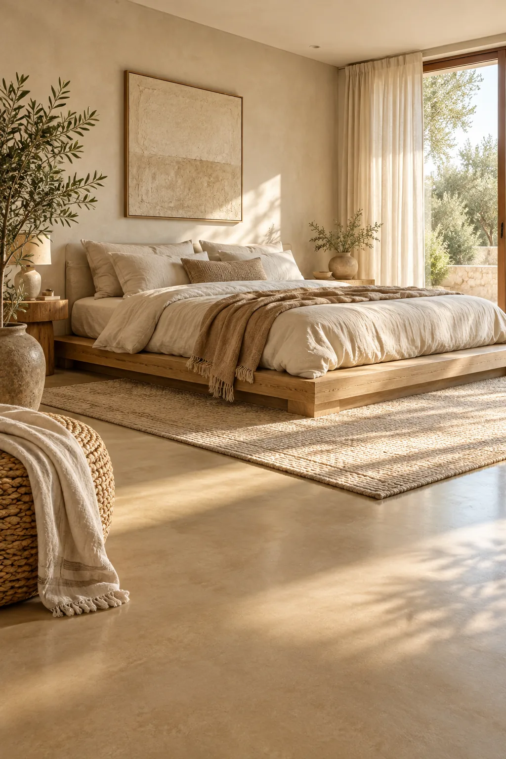 Minimalist bedroom featuring a warm sand-tinted concrete floor and a low platform bed with linen sheets.