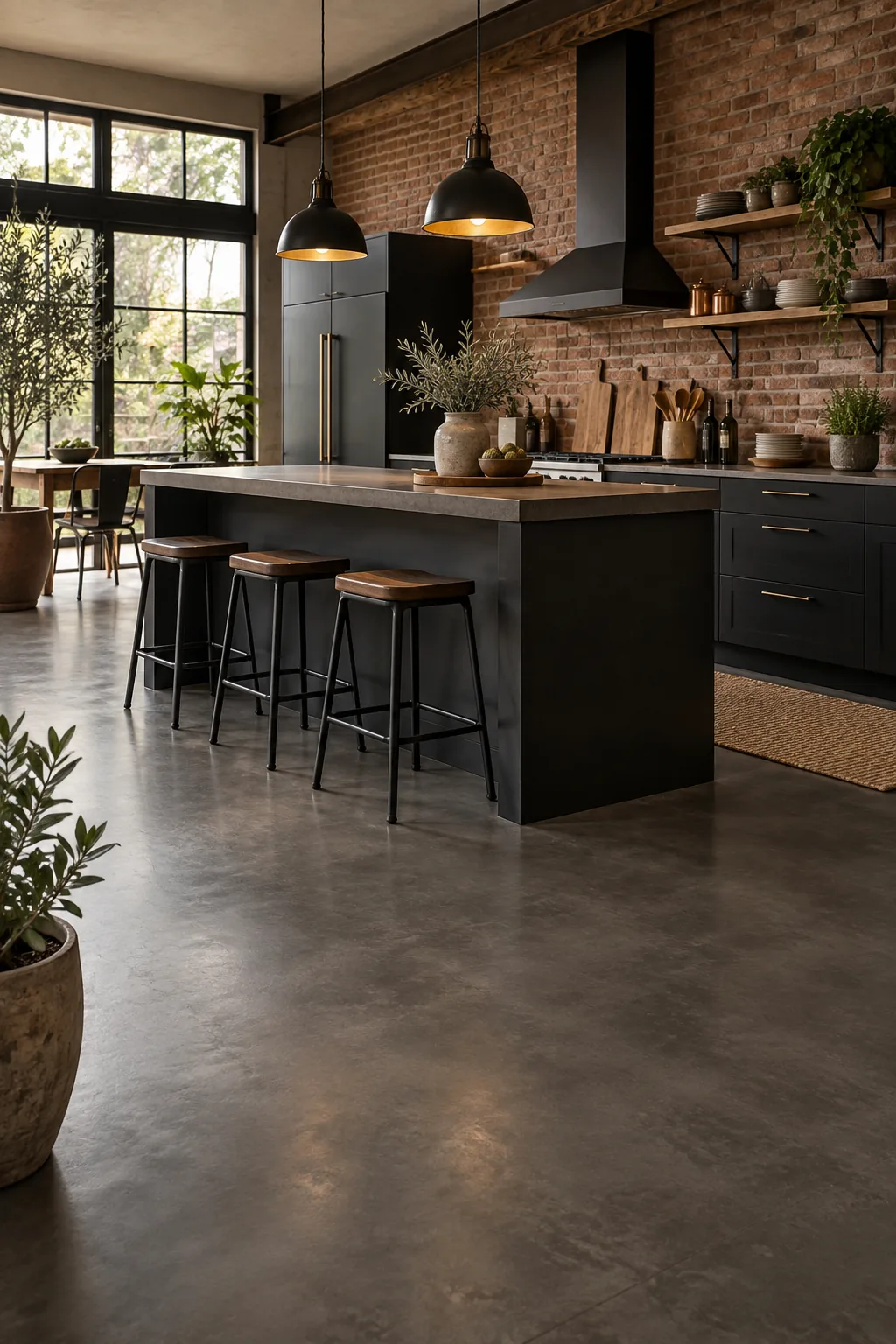 Industrial kitchen with a charcoal-tinted matte concrete floor, black cabinetry, and exposed brick.