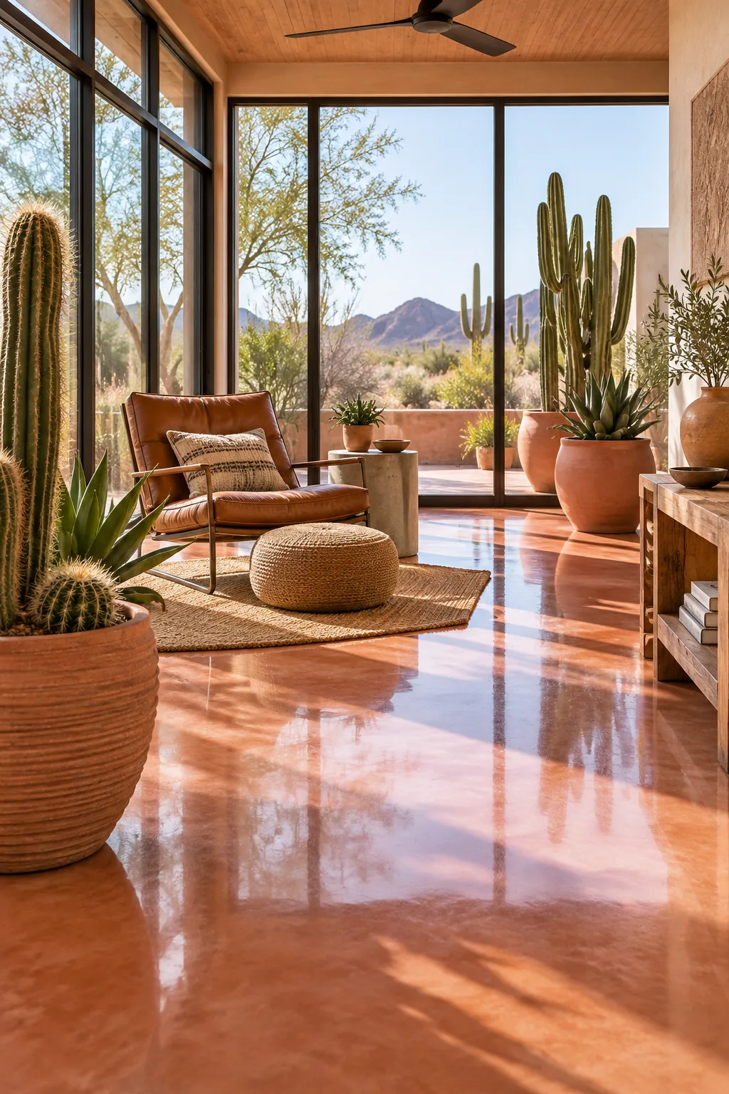 Desert modern sunroom with a glossy terracotta-tinted concrete floor, cacti, and a leather chair.