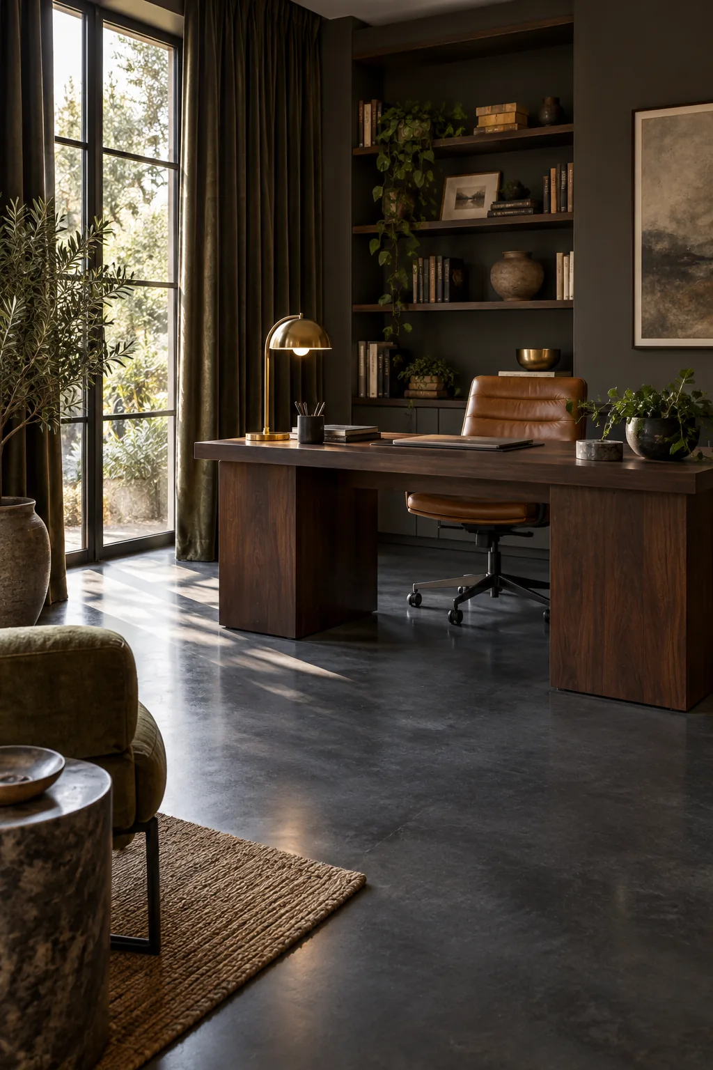 Moody home office featuring a deep slate-tinted concrete floor with a satin finish and a walnut desk.