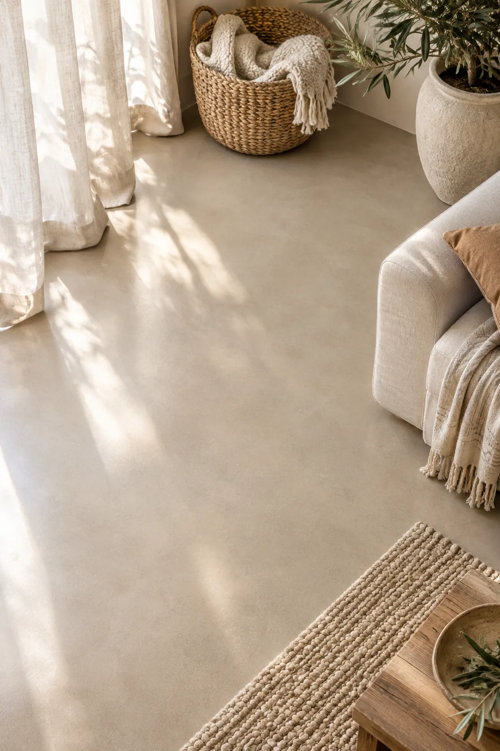 Low angle view of a seamless warm concrete floor leading to a modern linen sofa and wool rug.