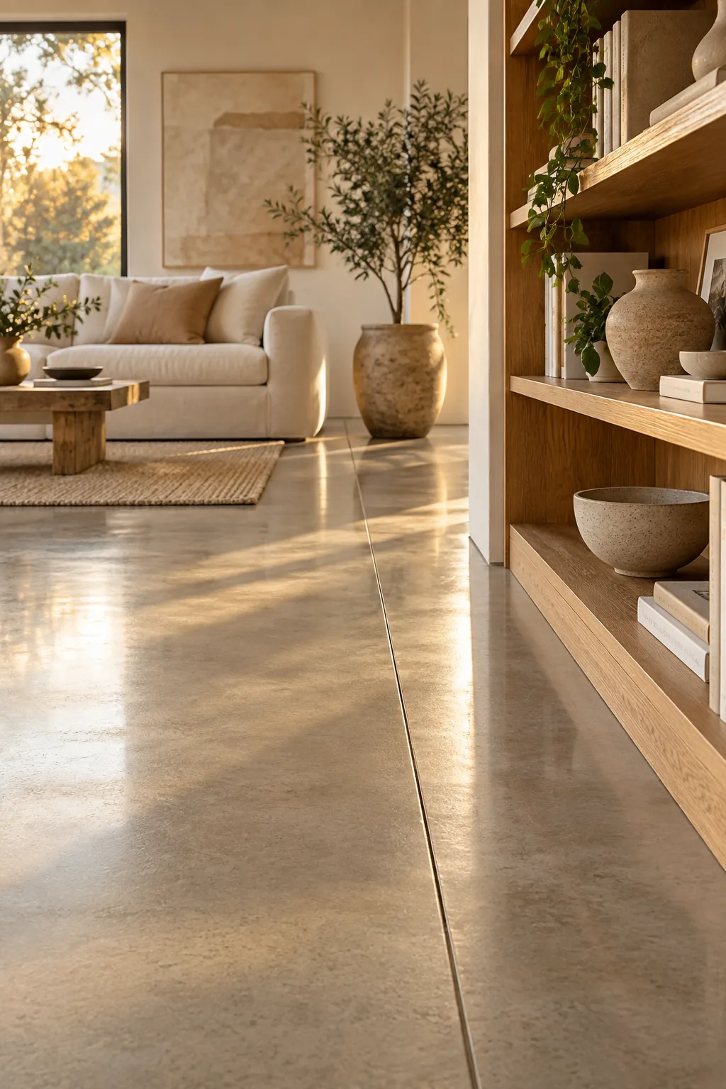 Sunlight creating a soft, diffuse satin reflection on a warm greige polished concrete floor next to an olive tree.