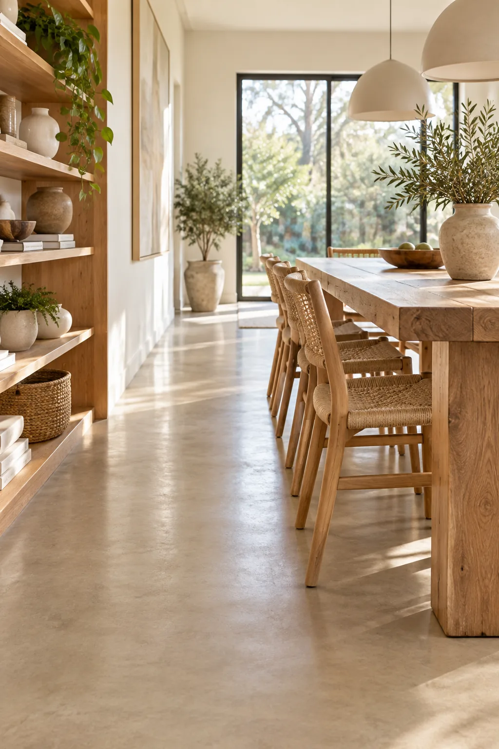 A flush, color-matched expansion joint in a concrete floor running parallel to an oak bookshelf.