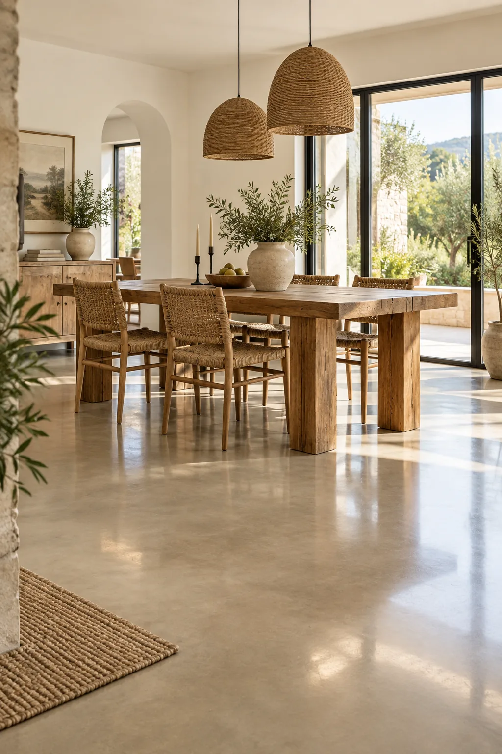 A heavy solid wood dining table and chairs resting on a flawless, polished warm concrete floor.