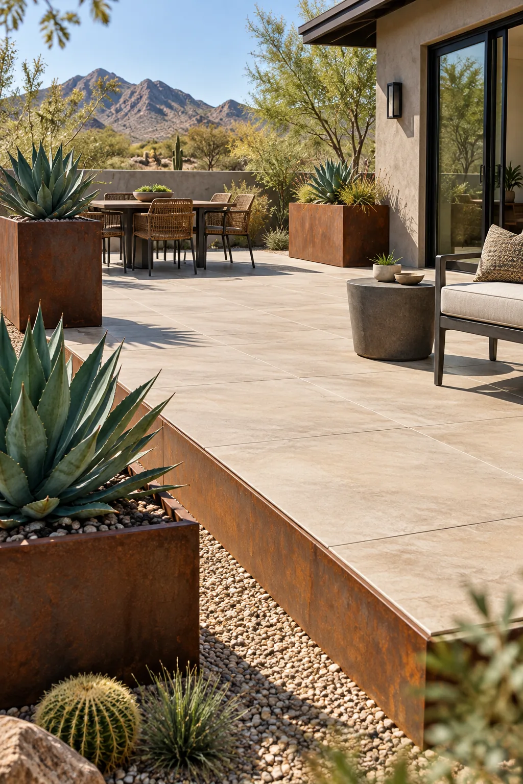 A desert modern patio with sandstone pavers and corten steel planters.