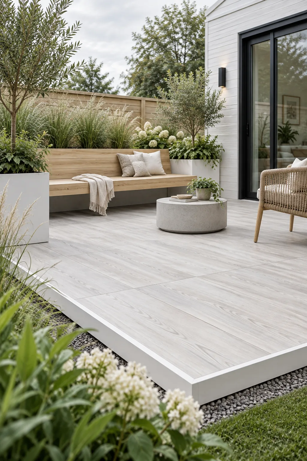 A Scandinavian minimalist patio with whitewashed wood-look pavers and a pale birch bench.