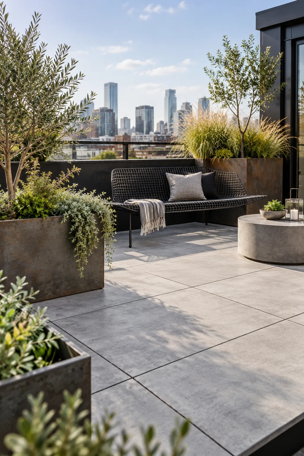 An industrial loft patio with oversized concrete-look pavers and raw steel planters.