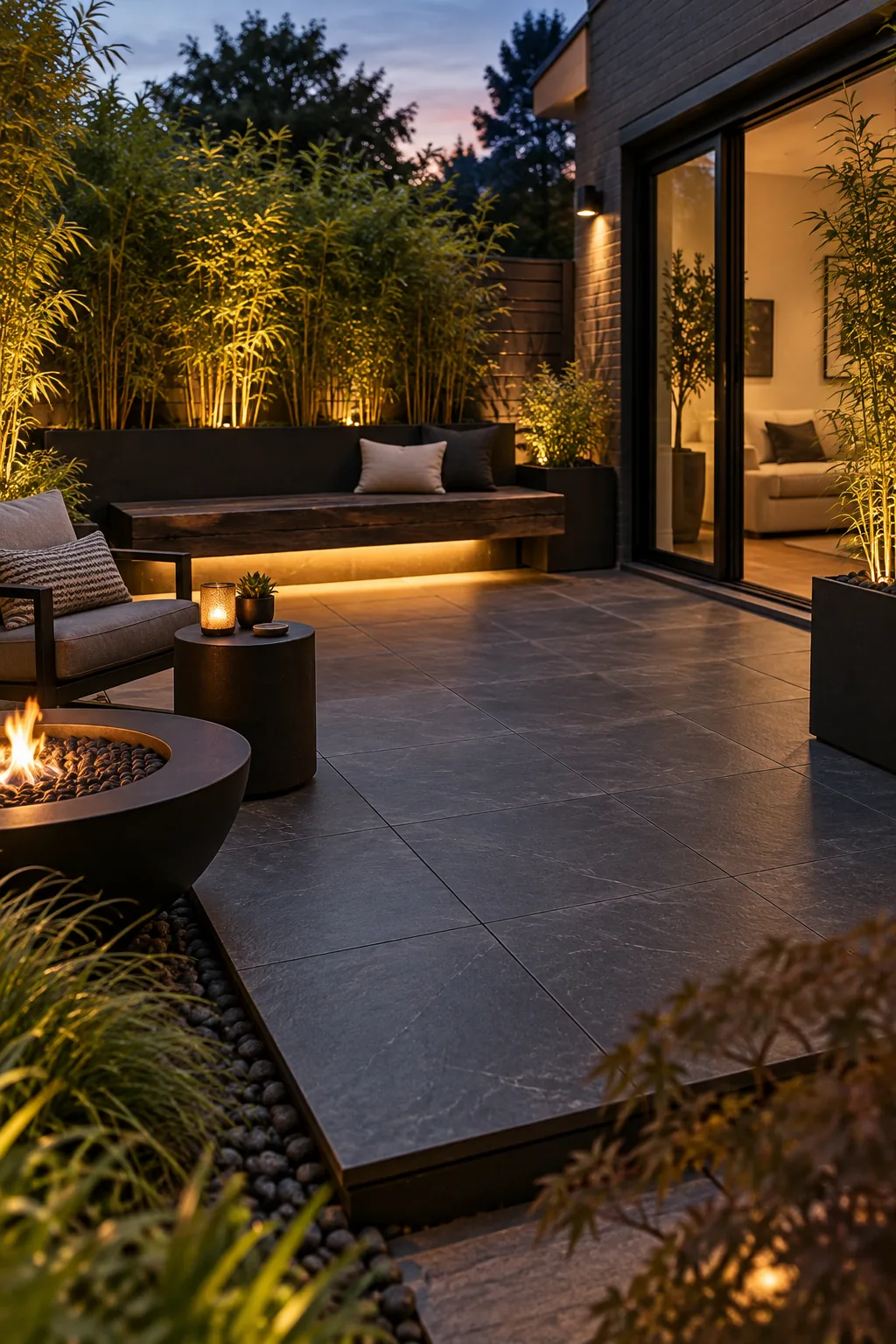 A moody Zen patio with charcoal slate-look pavers and a charred timber bench.