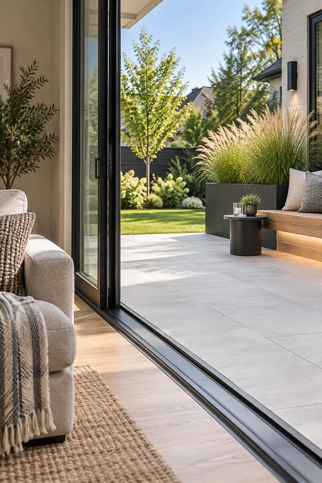 A low-angle view of the raised porcelain patio edge sitting cleanly above the ground.