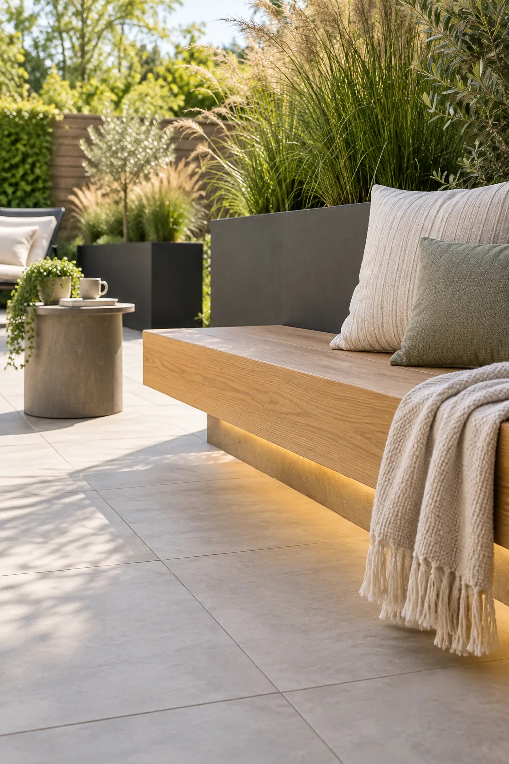 Large porcelain pavers perfectly aligned with the black threshold of an open sliding glass door.