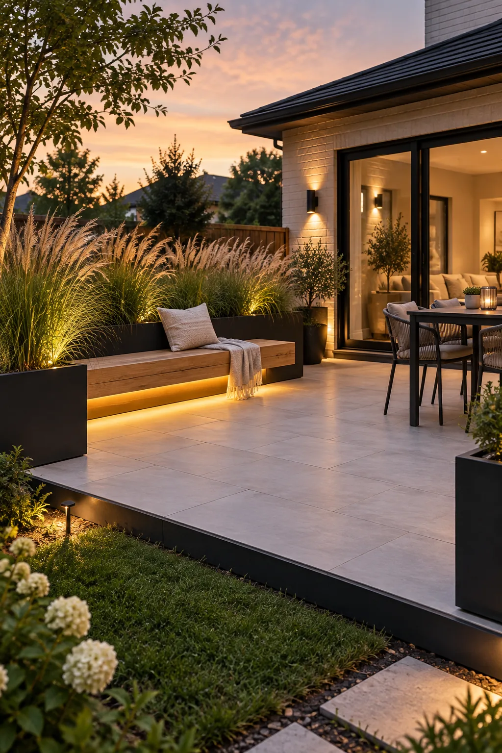 A floating light-oak bench mounted to a dark planter wall above a grey porcelain patio.