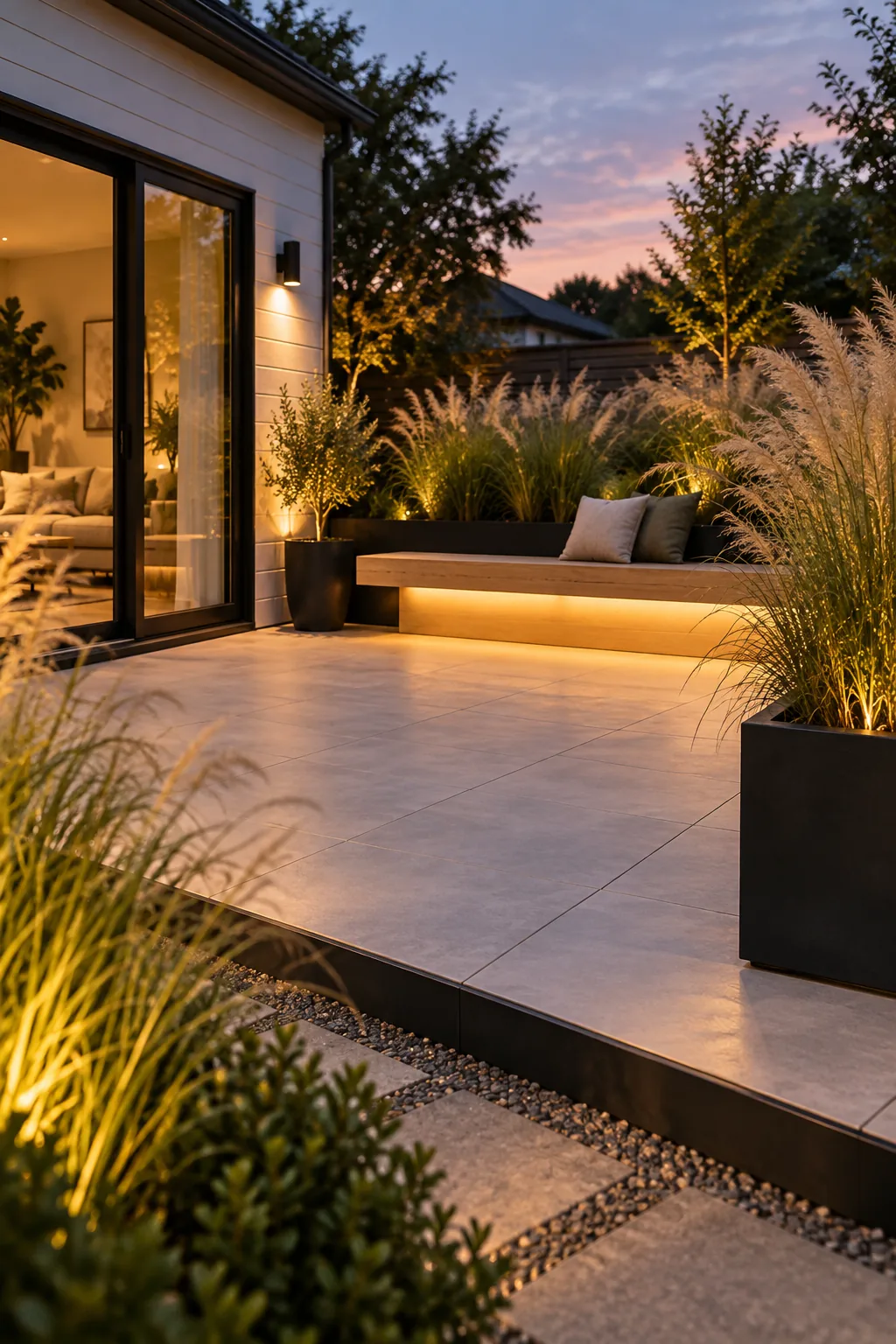 Tall ornamental grasses in black fiberglass planters framing a modern patio at dusk.