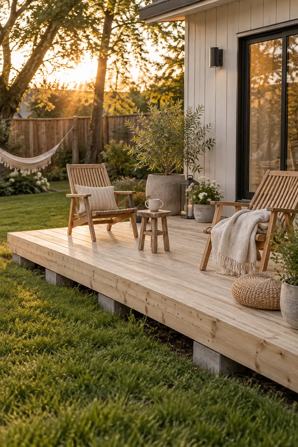 A small wooden floating deck in a backyard with two chairs