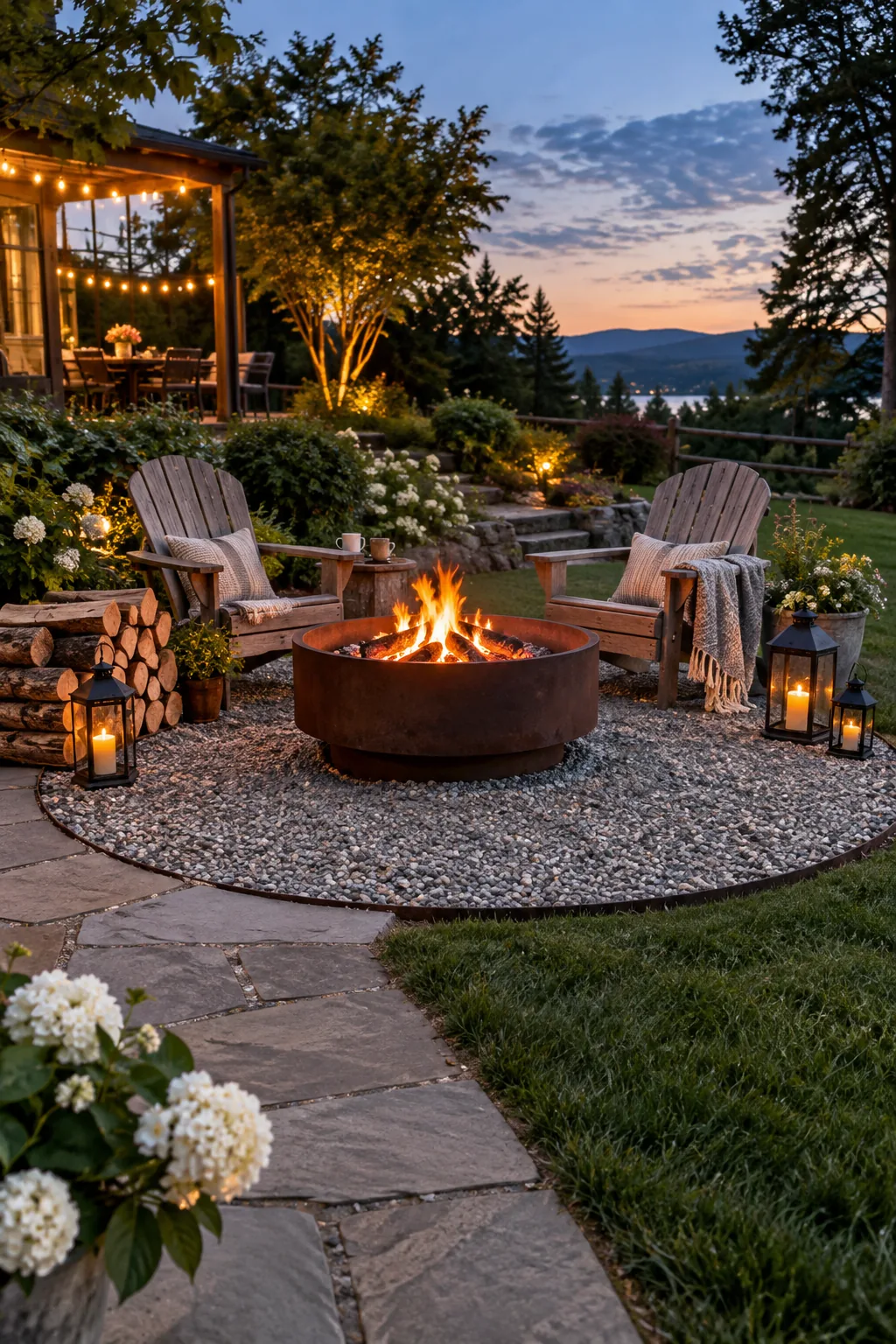 A round gravel fire pit area with adirondack chairs