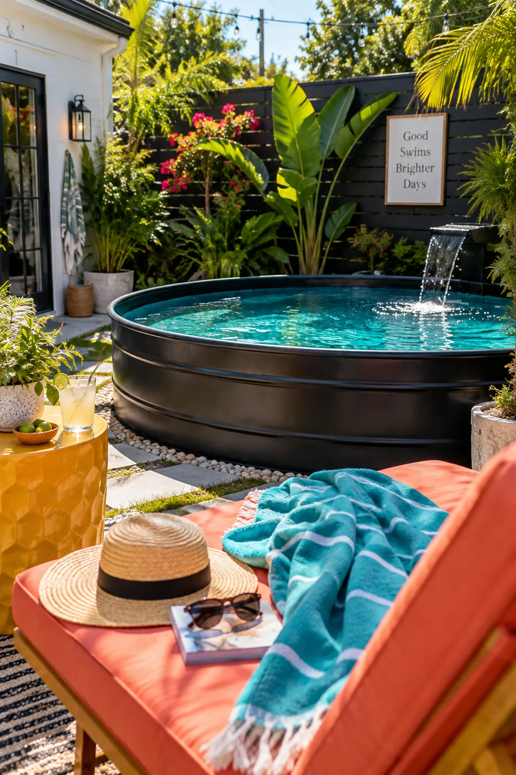 A black painted stock tank pool on a wooden deck