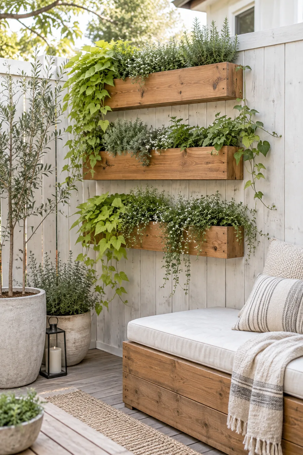 Cedar planters hanging on a wooden privacy fence filled with trailing plants