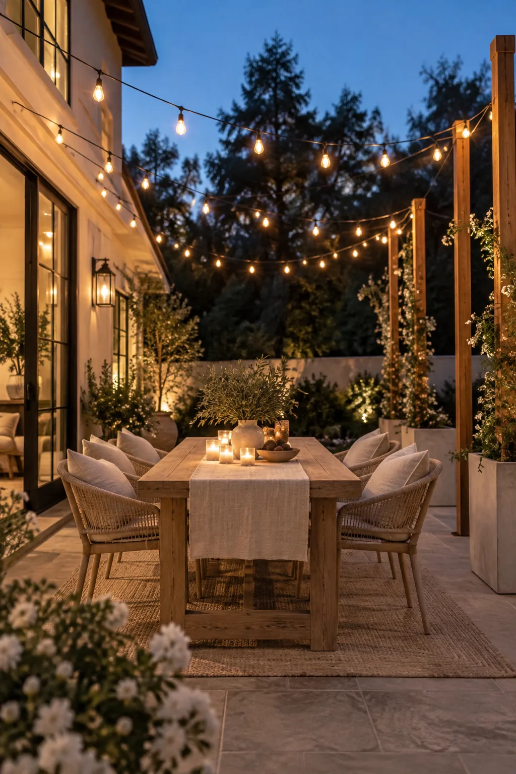 Cafe string lights hung in a zigzag pattern over a patio seating area