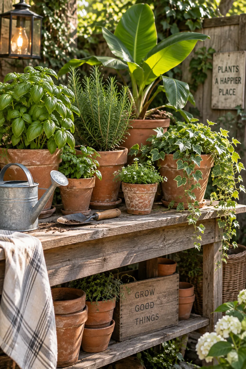 A cluster of terracotta and ceramic pots filled with various plants on a patio