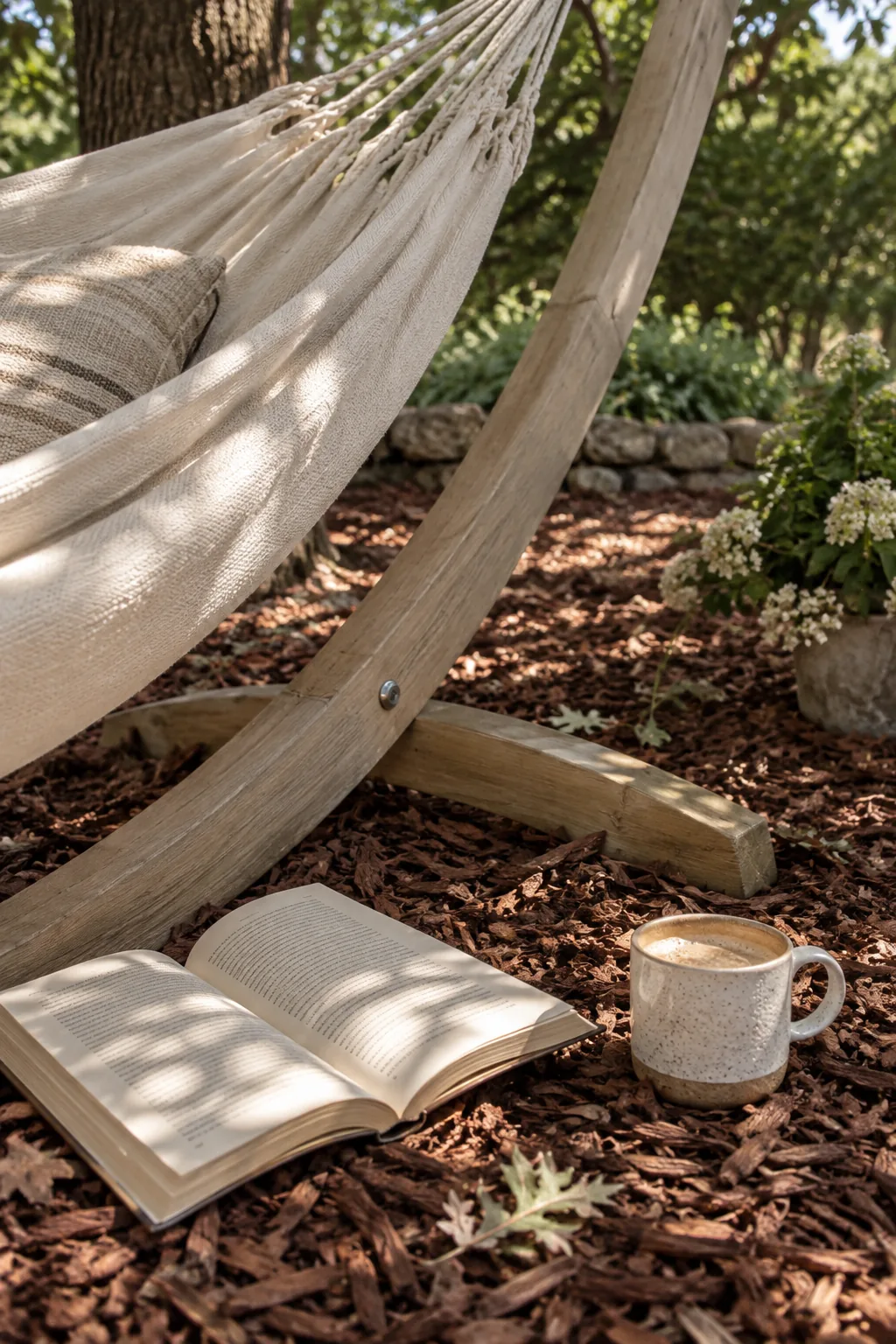 A hammock stand placed over a bed of cedar mulch under a large tree