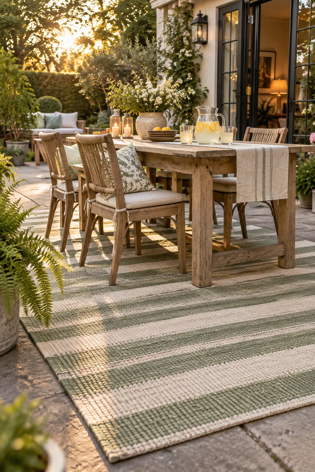 A patterned outdoor rug under a patio dining table