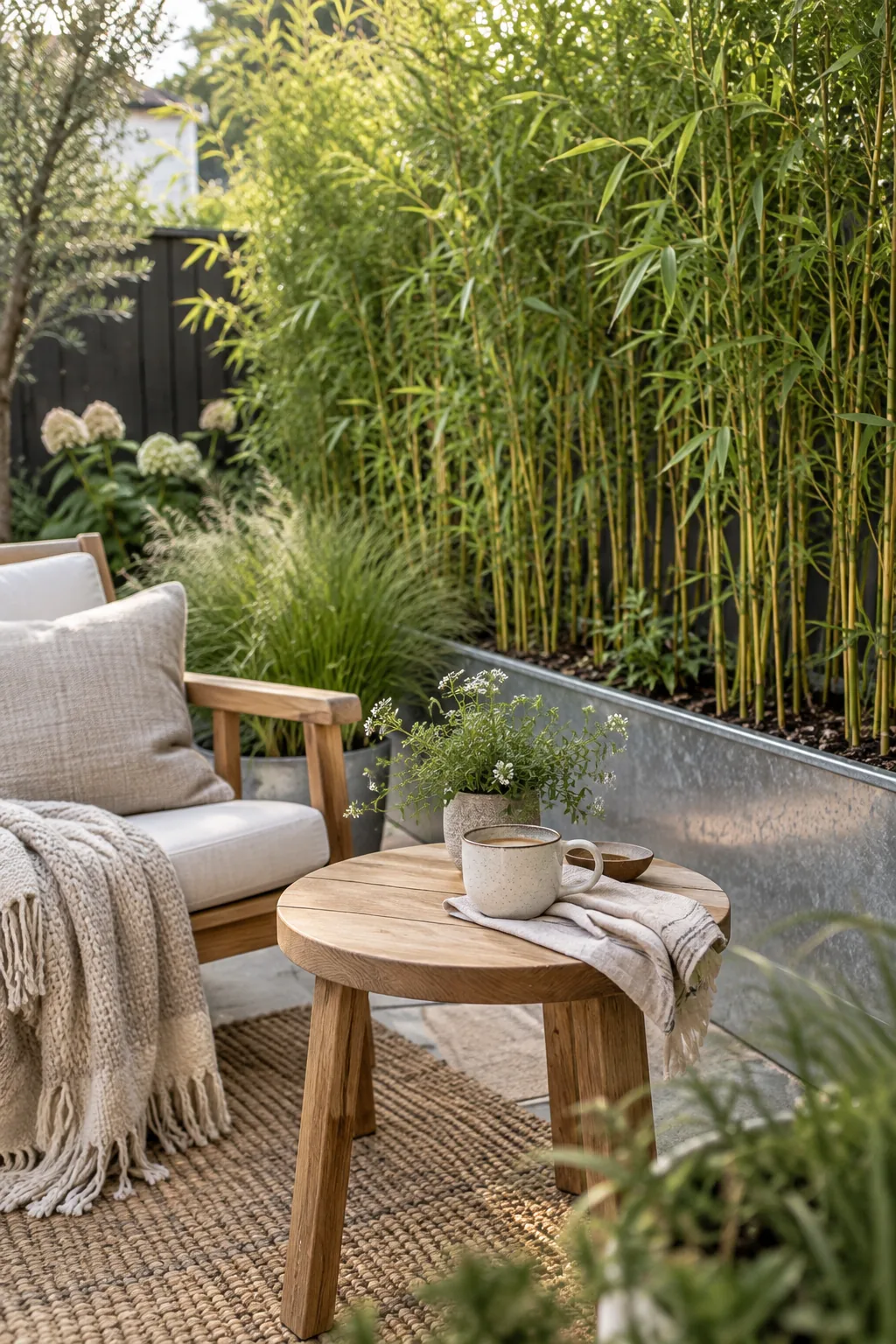 Tall ornamental grasses growing in galvanized trough planters along a fence