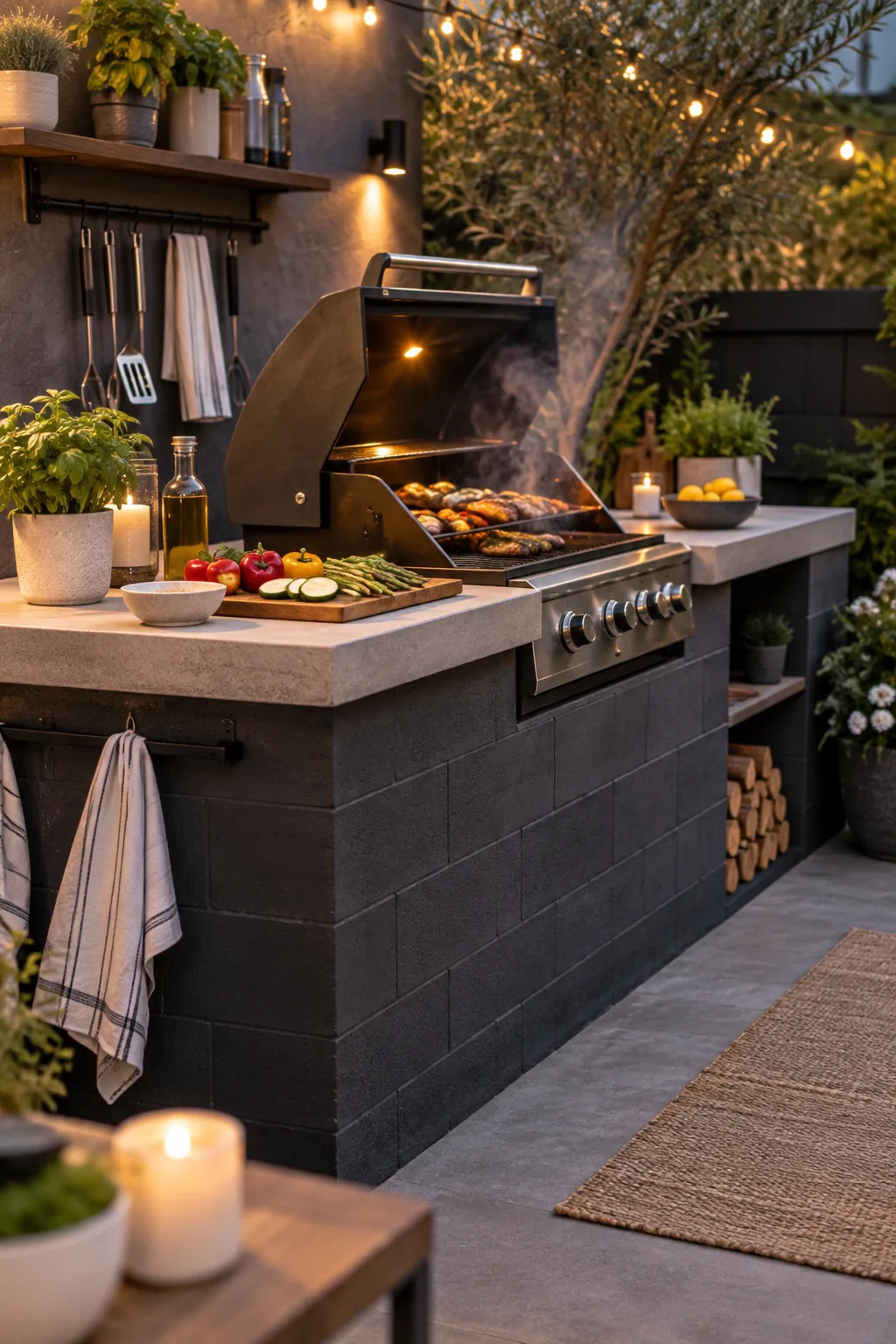 A built-in outdoor grill station made of painted cinderblocks