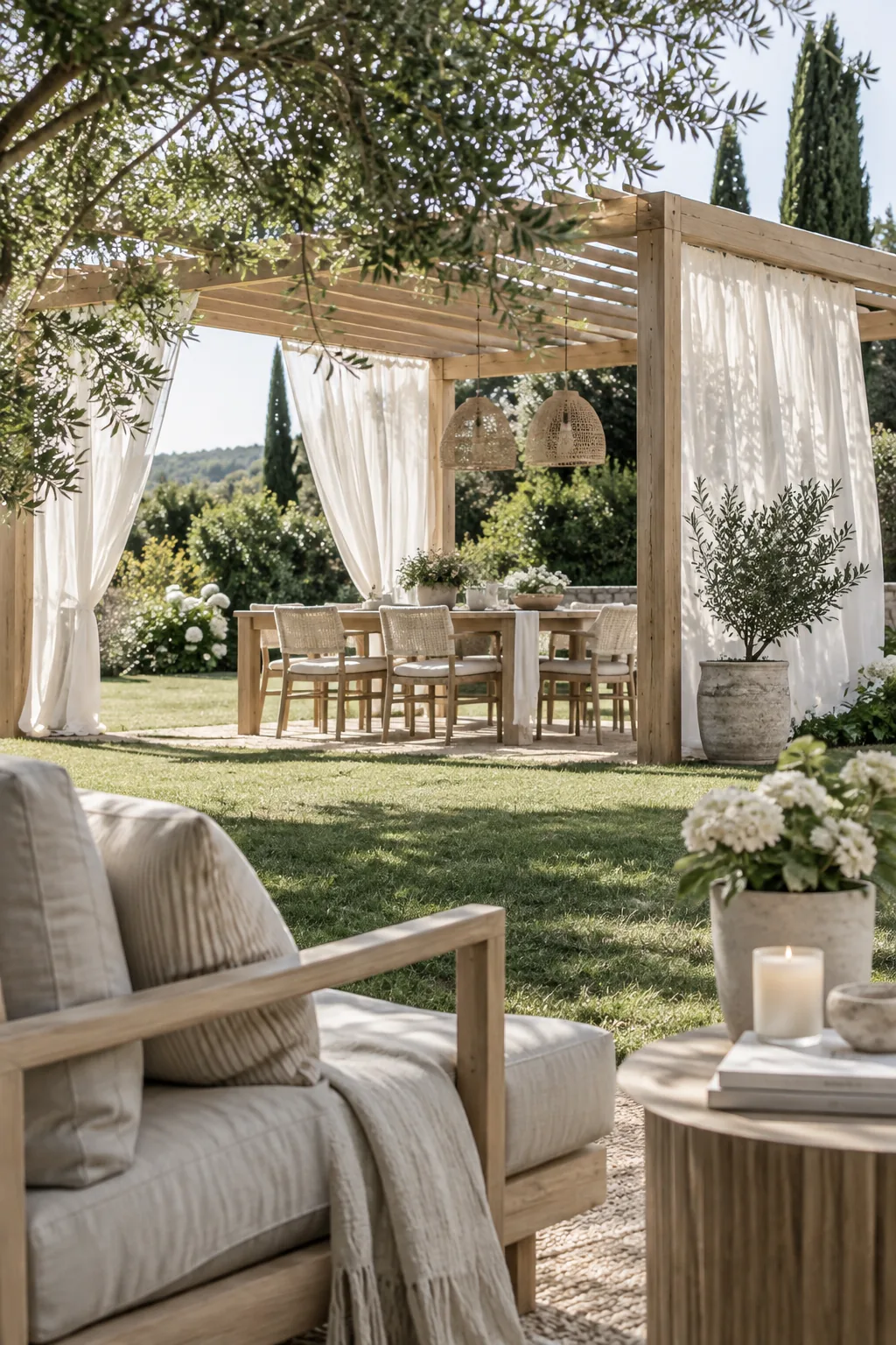 A wooden freestanding pergola over a patio seating area